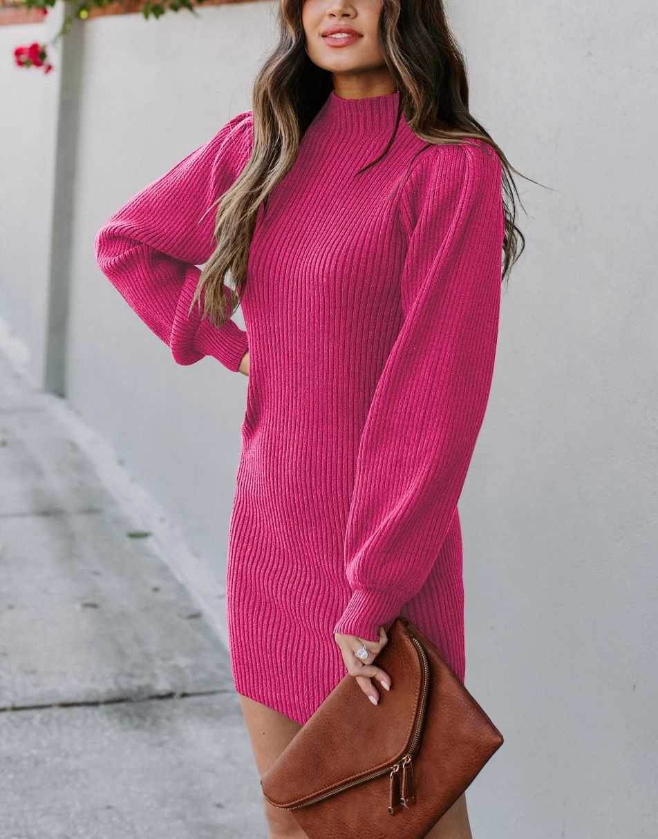 Women Turtleneck Long Sleeve Knit Stretchable Elasticity Slim Sweater Bodycon Mini Sweater Dress