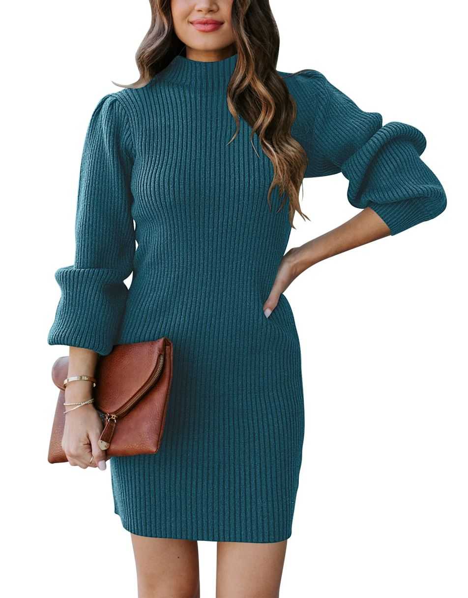 Women Turtleneck Long Sleeve Knit Stretchable Elasticity Slim Sweater Bodycon Mini Sweater Dress