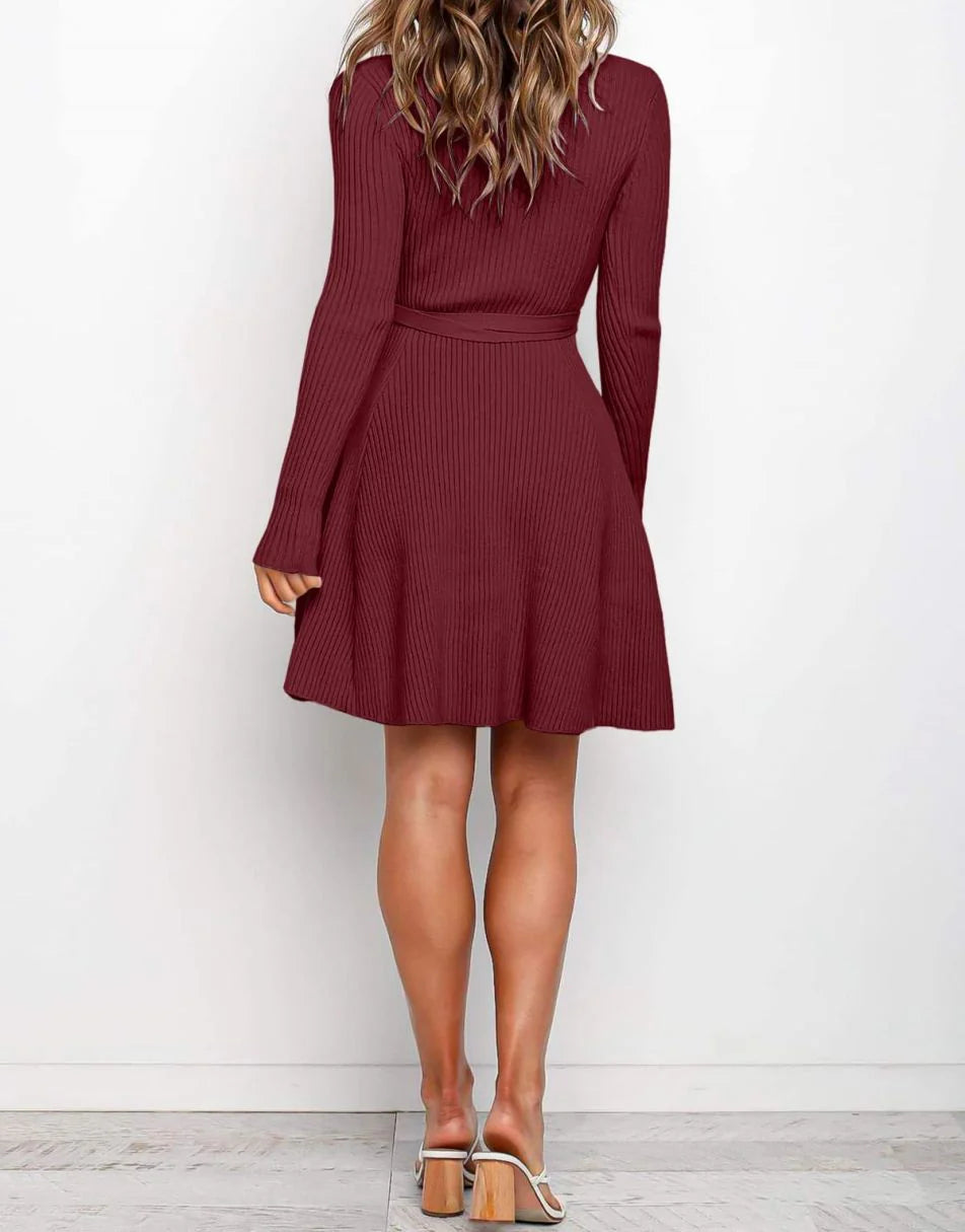Women's Crewneck Long Sleeve Tie Waist A-Line Swing Bodycon Short Dress Casual Solid Ribbed Knit Sweater Dress