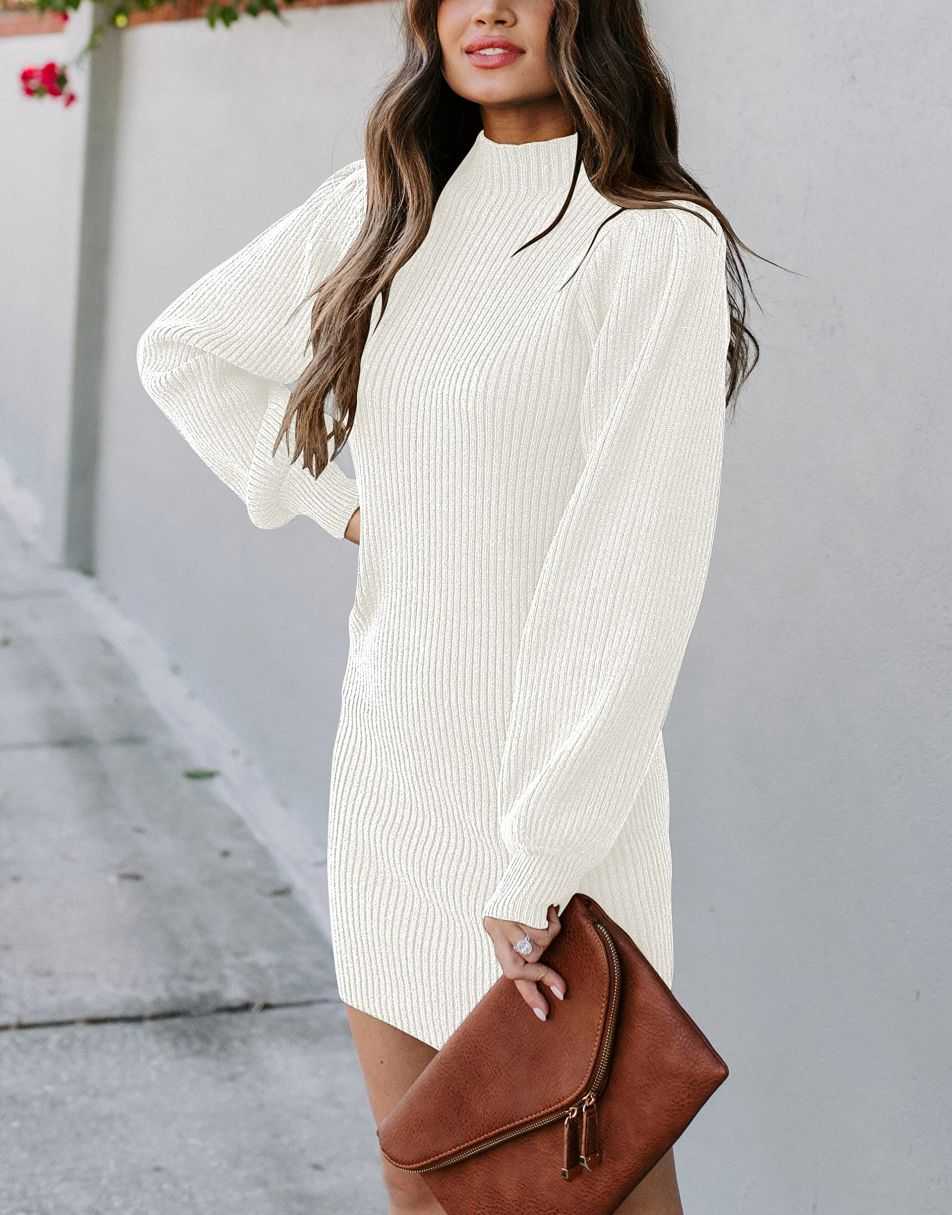 Women Turtleneck Long Sleeve Knit Stretchable Elasticity Slim Sweater Bodycon Mini Sweater Dress