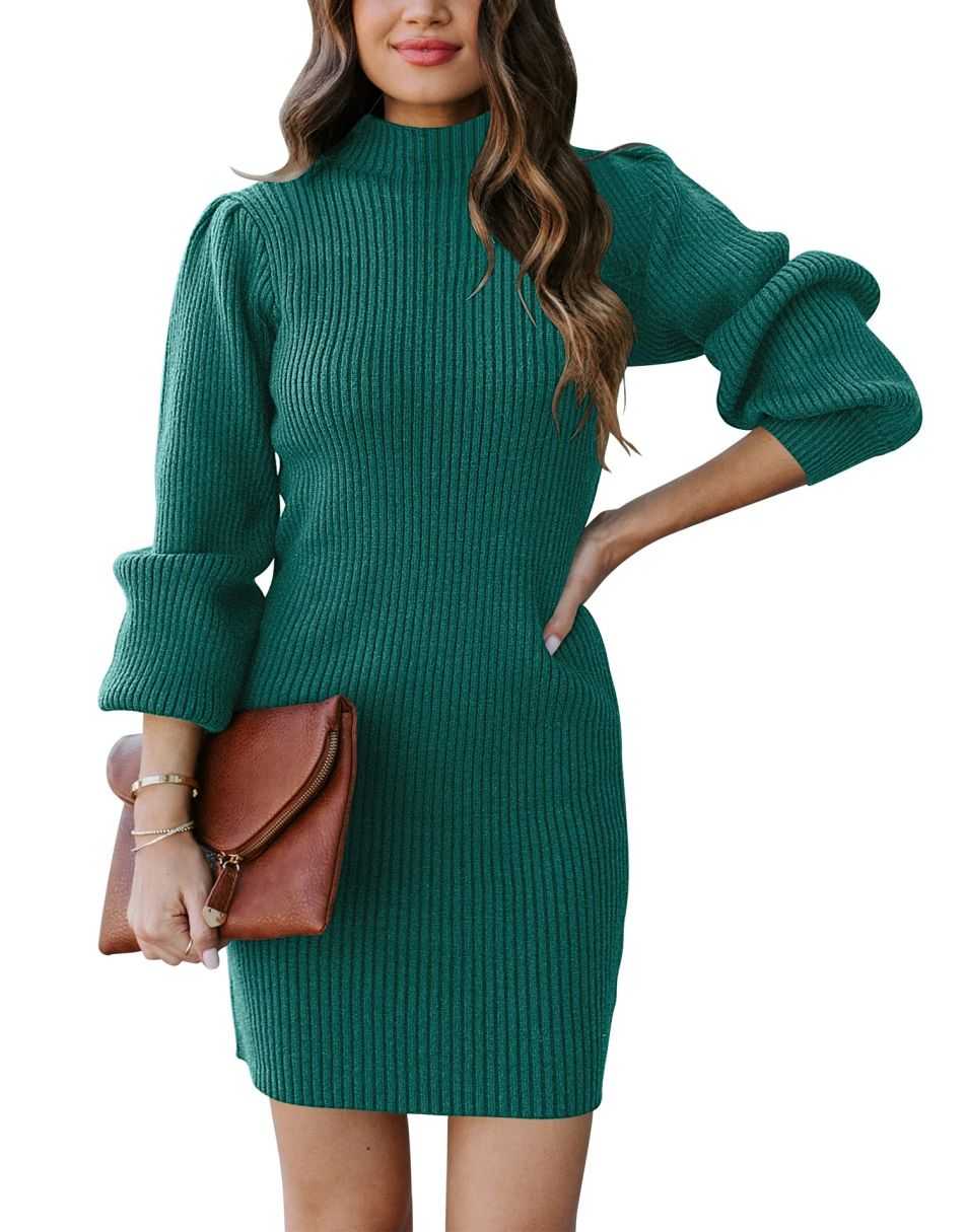 Women Turtleneck Long Sleeve Knit Stretchable Elasticity Slim Sweater Bodycon Mini Sweater Dress
