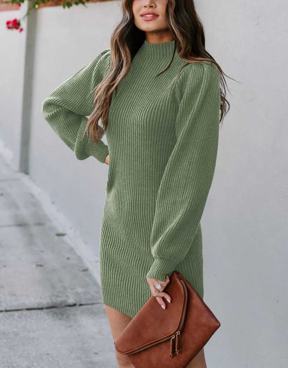 Women Turtleneck Long Sleeve Knit Stretchable Elasticity Slim Sweater Bodycon Mini Sweater Dress