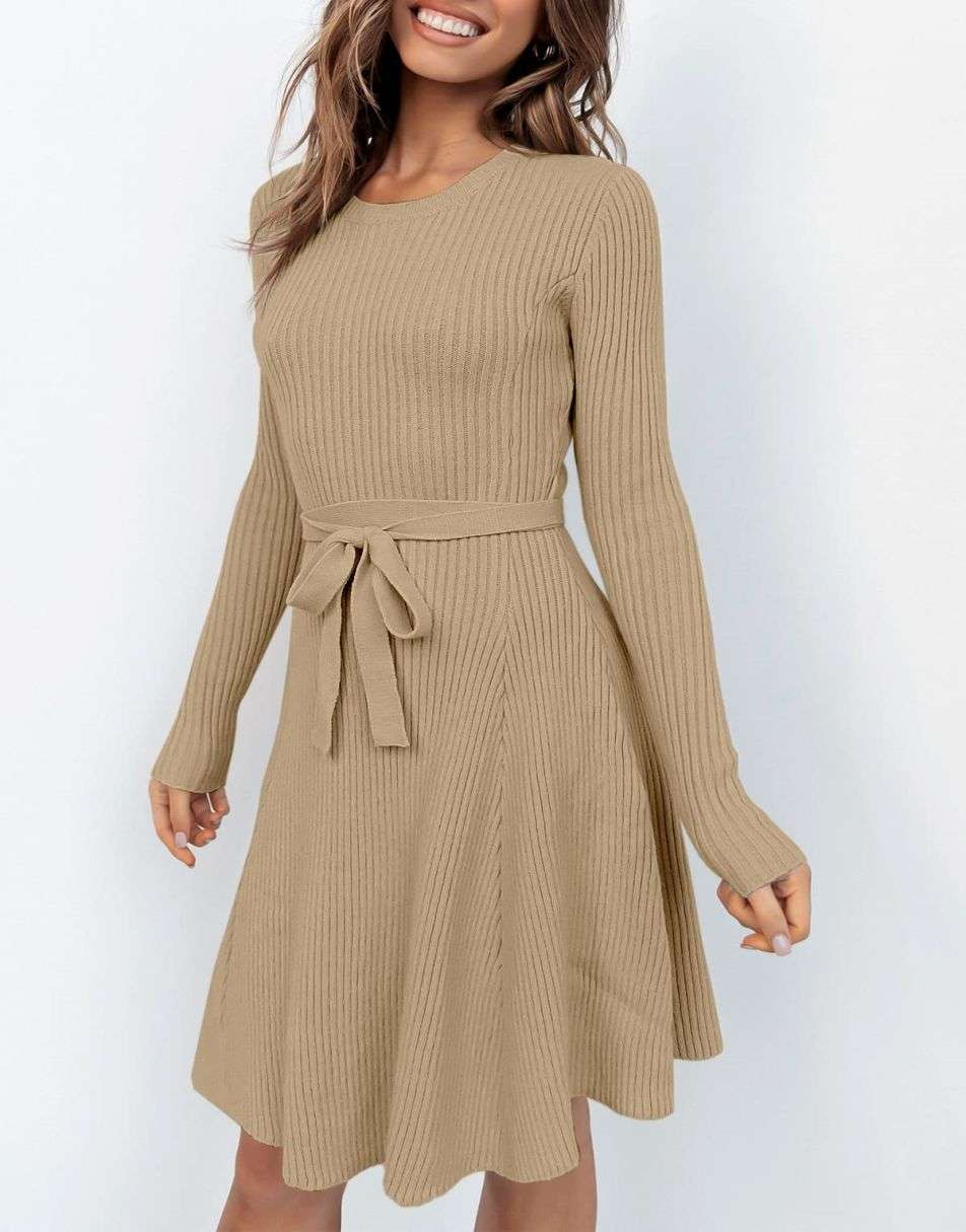 Women's Crewneck Long Sleeve Tie Waist A-Line Swing Bodycon Short Dress Casual Solid Ribbed Knit Sweater Dress