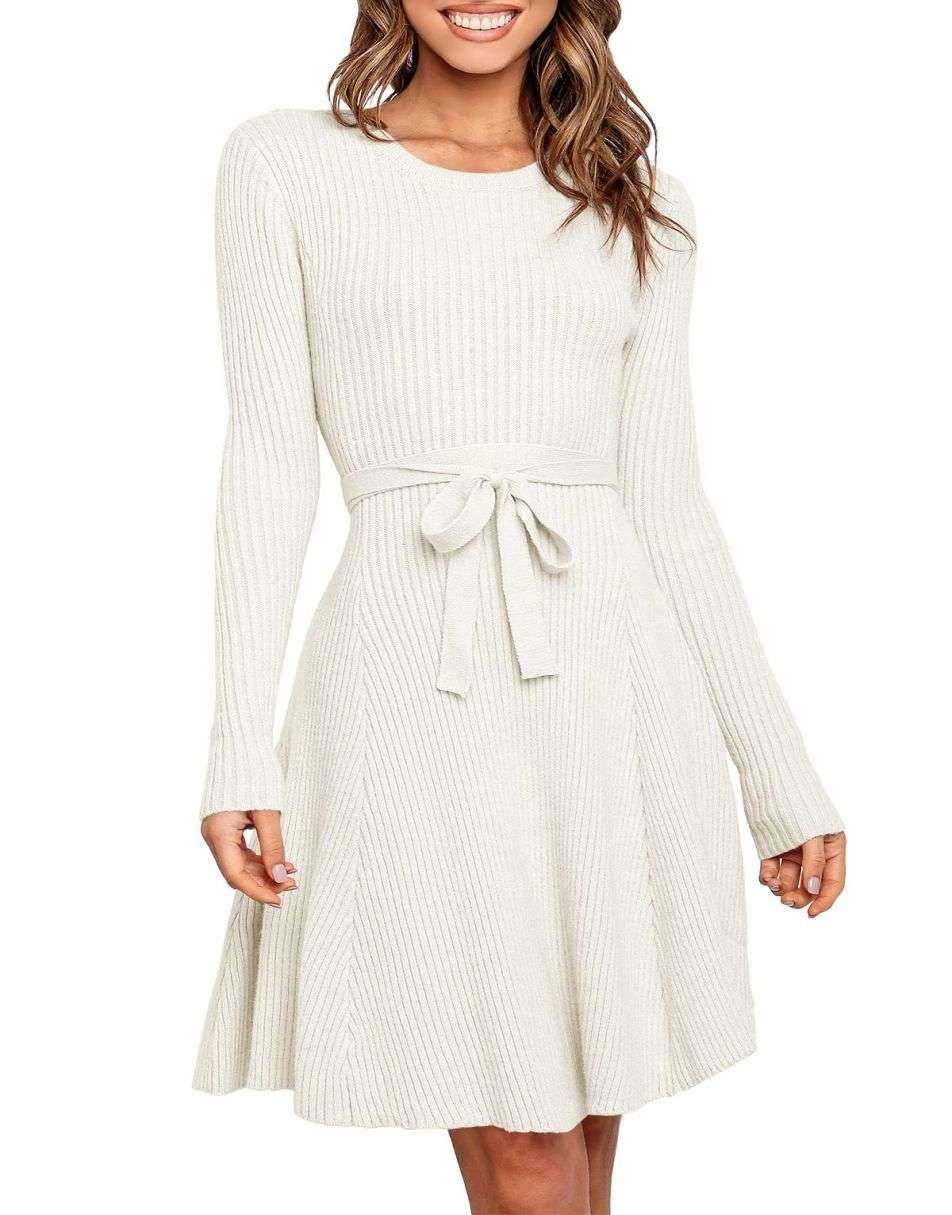 Women's Crewneck Long Sleeve Tie Waist A-Line Swing Bodycon Short Dress Casual Solid Ribbed Knit Sweater Dress