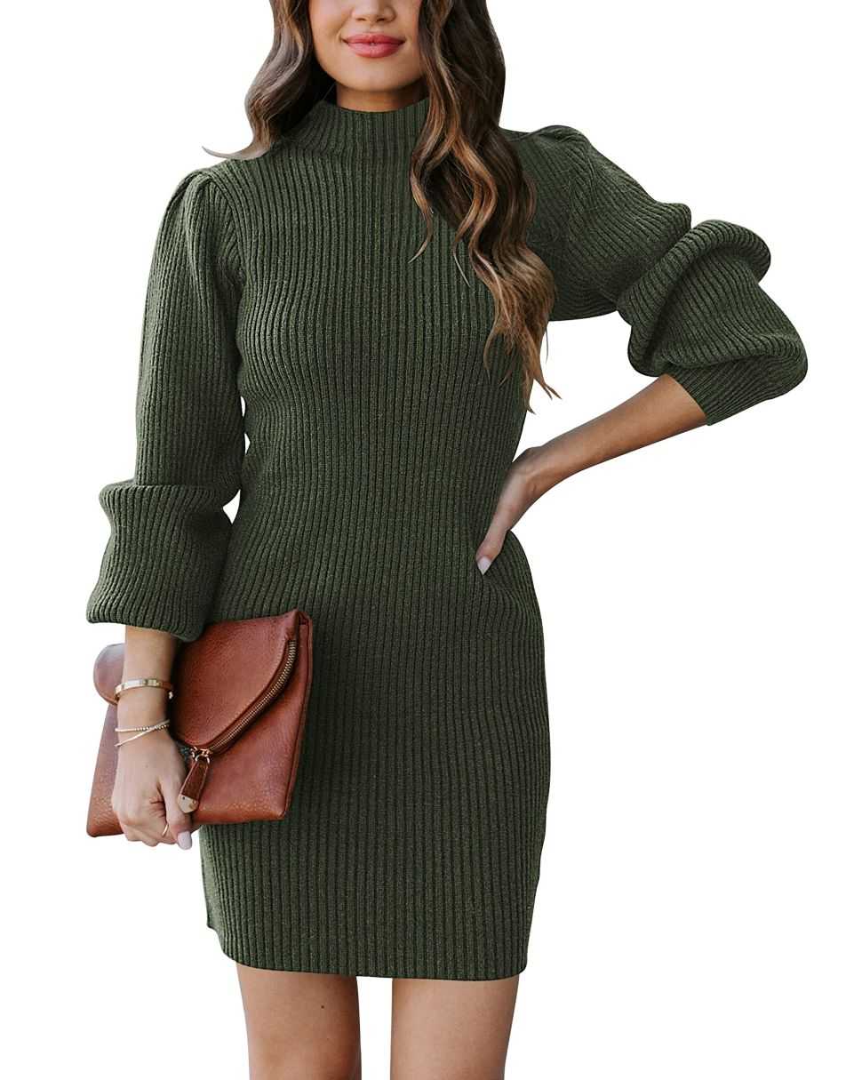 Women Turtleneck Long Sleeve Knit Stretchable Elasticity Slim Sweater Bodycon Mini Sweater Dress