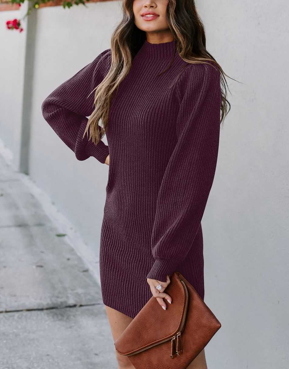 Women Turtleneck Long Sleeve Knit Stretchable Elasticity Slim Sweater Bodycon Mini Sweater Dress
