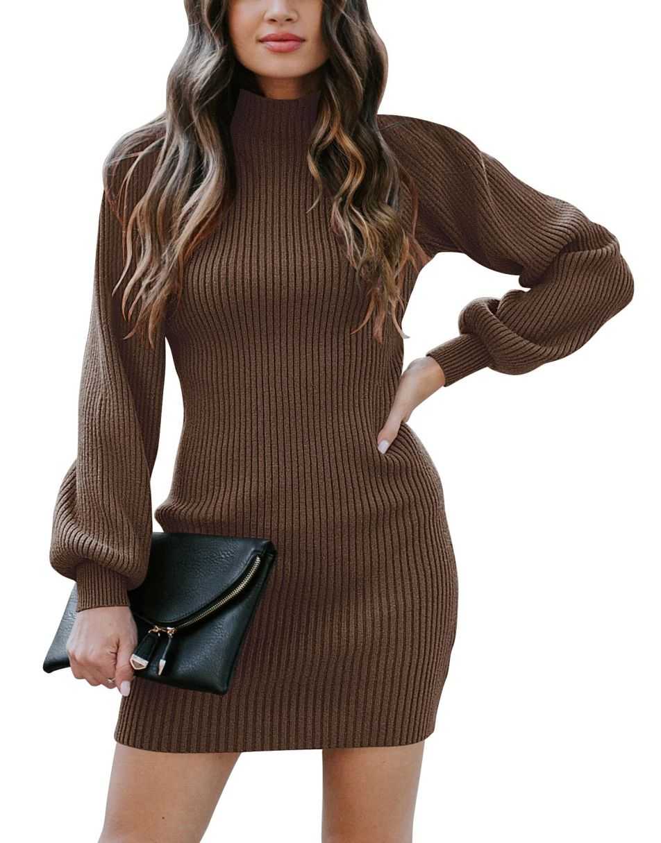 Women Turtleneck Long Sleeve Knit Stretchable Elasticity Slim Sweater Bodycon Mini Sweater Dress
