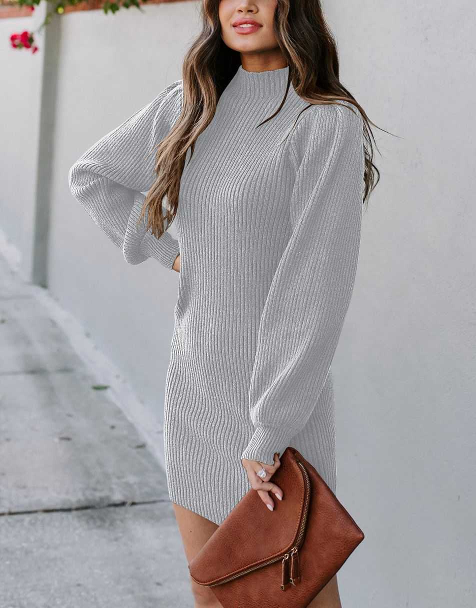 Women Turtleneck Long Sleeve Knit Stretchable Elasticity Slim Sweater Bodycon Mini Sweater Dress