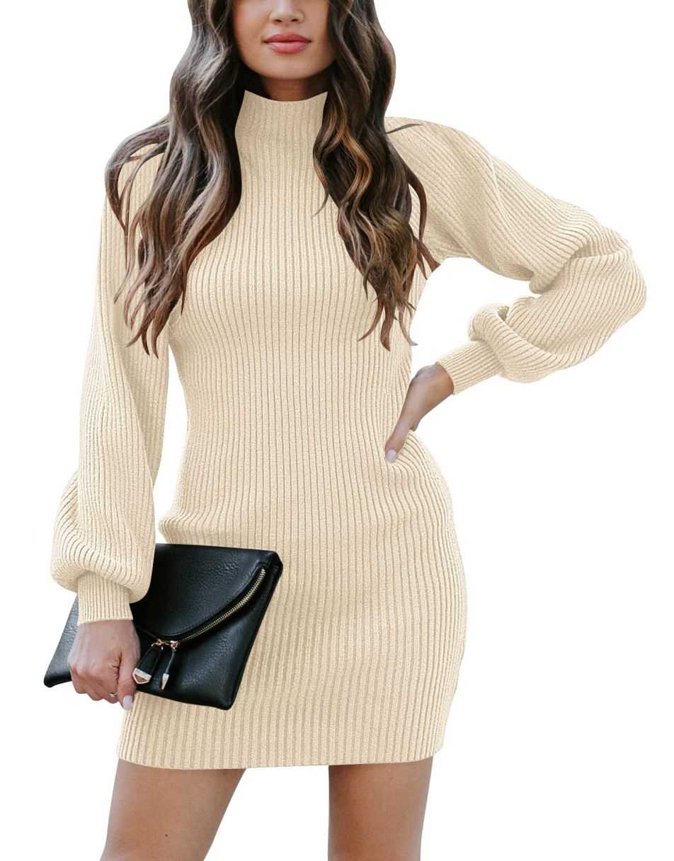 Women Turtleneck Long Sleeve Knit Stretchable Elasticity Slim Sweater Bodycon Mini Sweater Dress