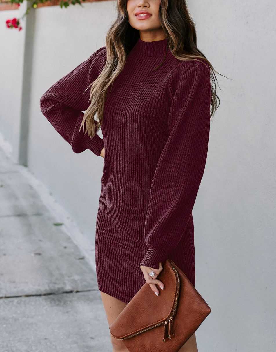 Women Turtleneck Long Sleeve Knit Stretchable Elasticity Slim Sweater Bodycon Mini Sweater Dress