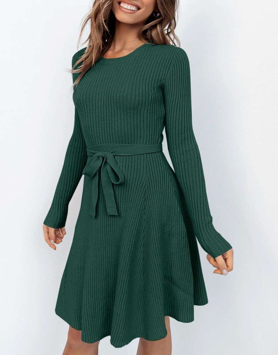 Women's Crewneck Long Sleeve Tie Waist A-Line Swing Bodycon Short Dress Casual Solid Ribbed Knit Sweater Dress