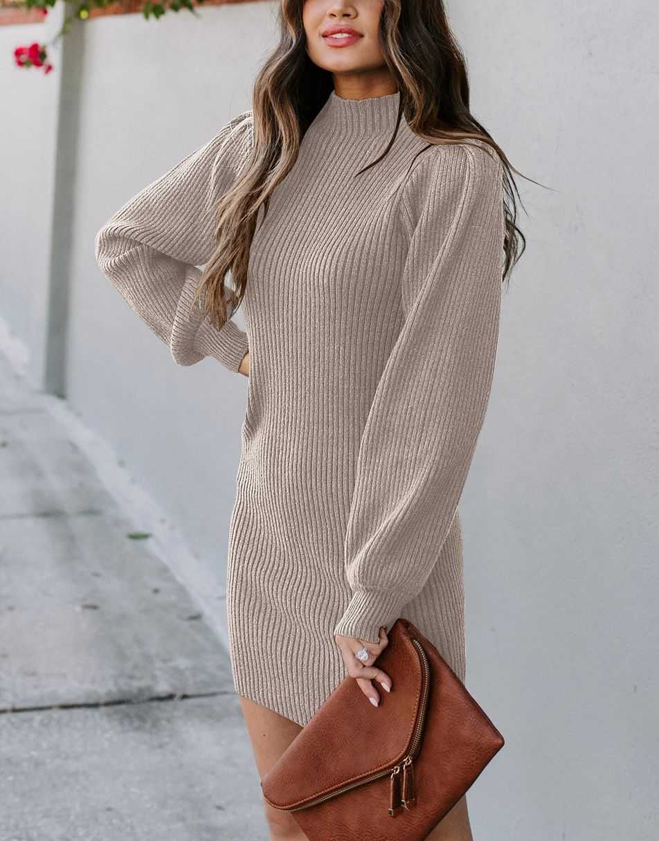 Women Turtleneck Long Sleeve Knit Stretchable Elasticity Slim Sweater Bodycon Mini Sweater Dress