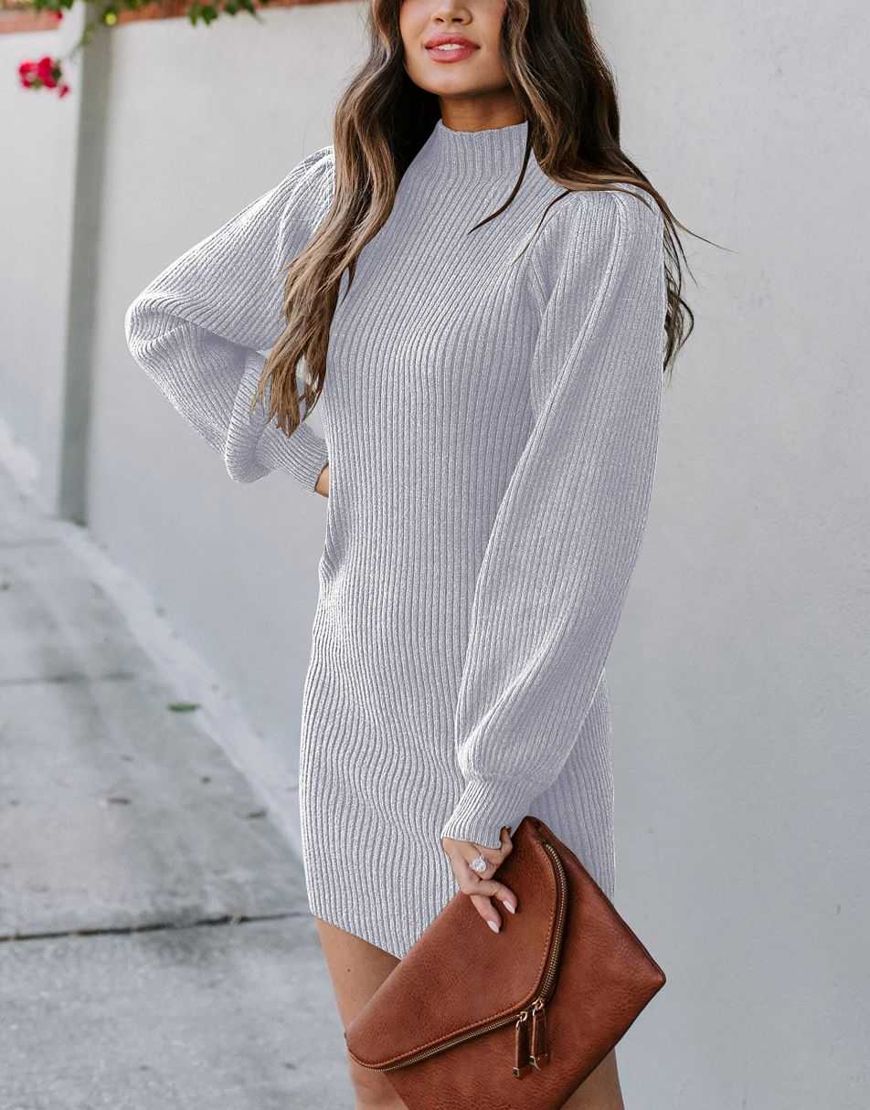 Women Turtleneck Long Sleeve Knit Stretchable Elasticity Slim Sweater Bodycon Mini Sweater Dress