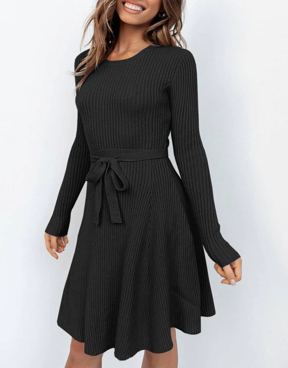 Women's Crewneck Long Sleeve Tie Waist A-Line Swing Bodycon Short Dress Casual Solid Ribbed Knit Sweater Dress