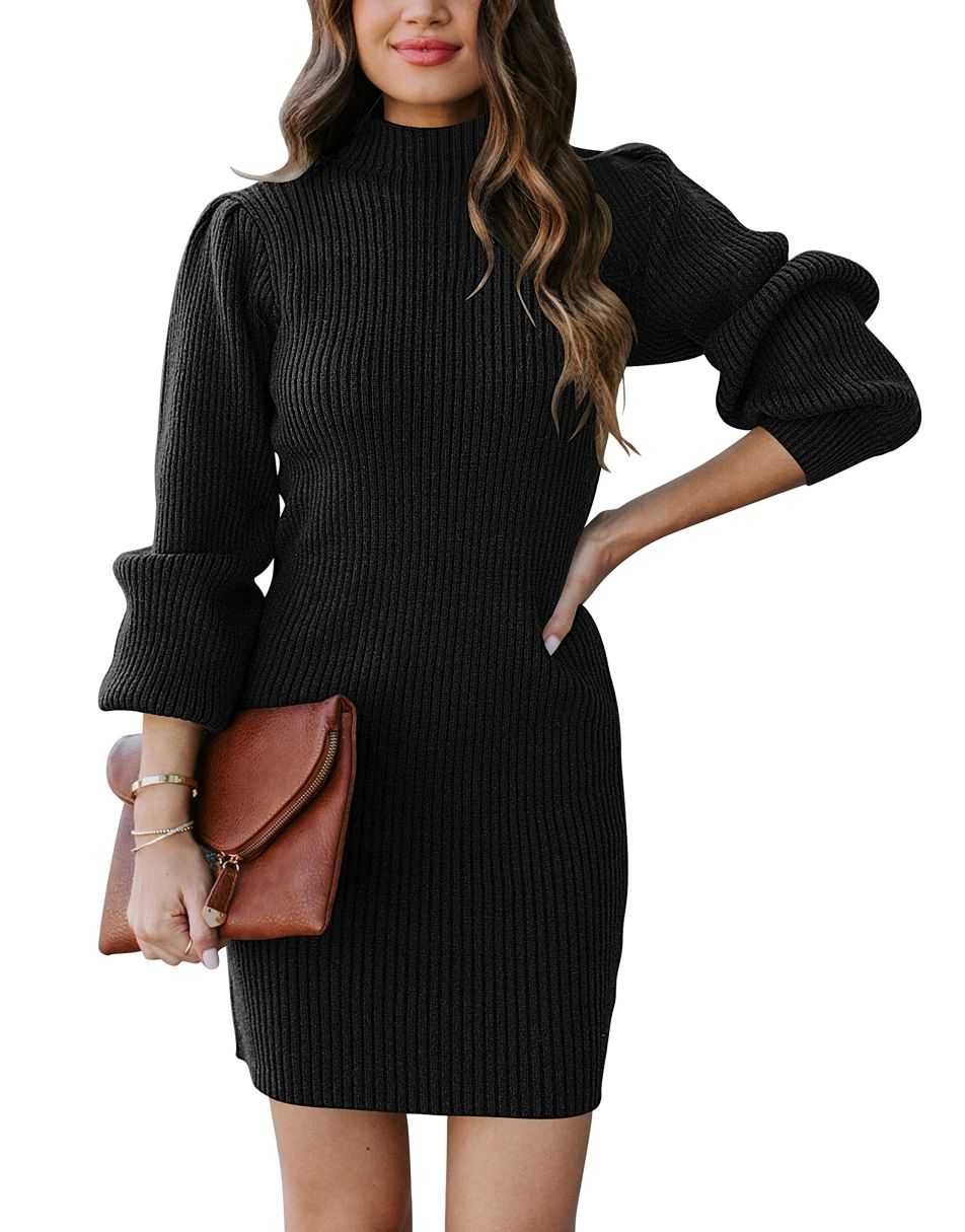 Women Turtleneck Long Sleeve Knit Stretchable Elasticity Slim Sweater Bodycon Mini Sweater Dress