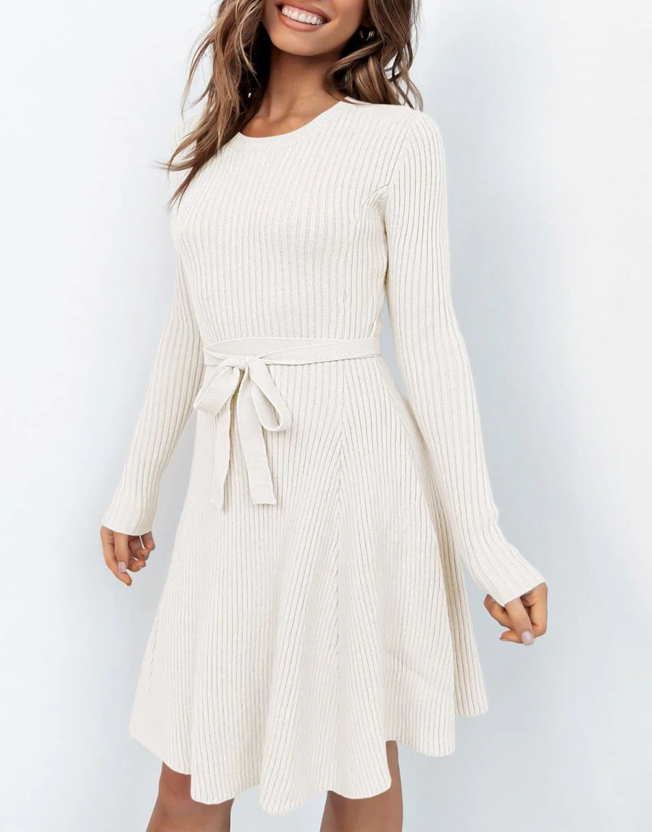 Women's Crewneck Long Sleeve Tie Waist A-Line Swing Bodycon Short Dress Casual Solid Ribbed Knit Sweater Dress