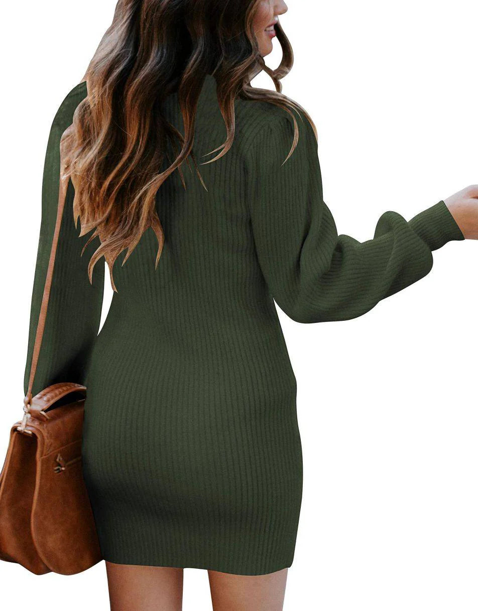 Women Turtleneck Long Sleeve Knit Stretchable Elasticity Slim Sweater Bodycon Mini Sweater Dress