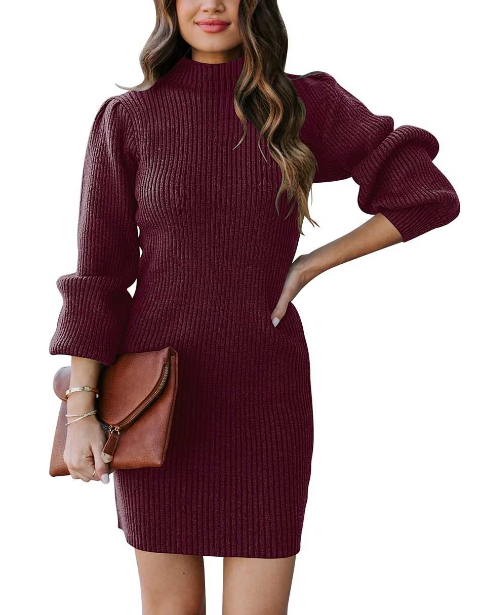 Women Turtleneck Long Sleeve Knit Stretchable Elasticity Slim Sweater Bodycon Mini Sweater Dress