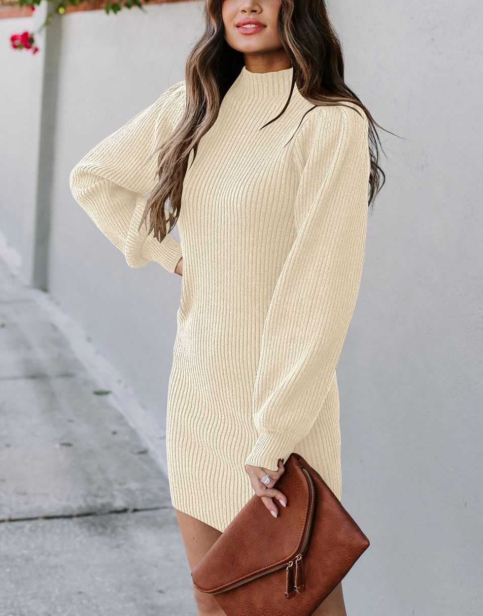 Women Turtleneck Long Sleeve Knit Stretchable Elasticity Slim Sweater Bodycon Mini Sweater Dress