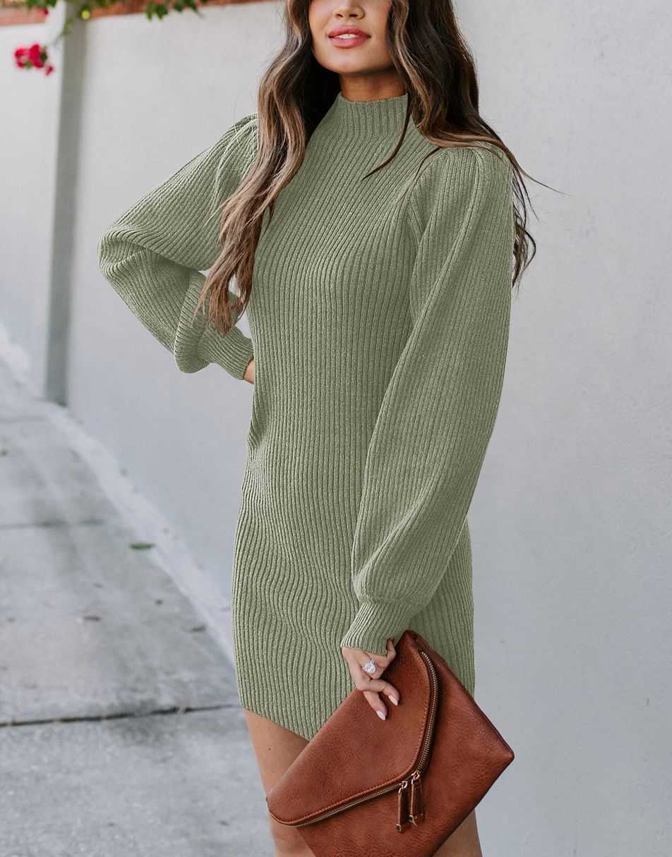 Women Turtleneck Long Sleeve Knit Stretchable Elasticity Slim Sweater Bodycon Mini Sweater Dress