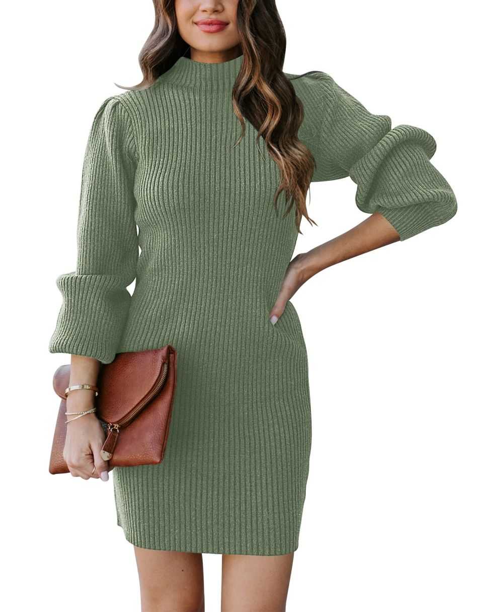 Women Turtleneck Long Sleeve Knit Stretchable Elasticity Slim Sweater Bodycon Mini Sweater Dress