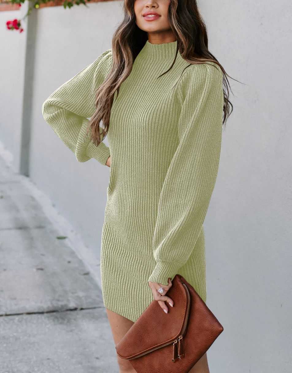 Women Turtleneck Long Sleeve Knit Stretchable Elasticity Slim Sweater Bodycon Mini Sweater Dress