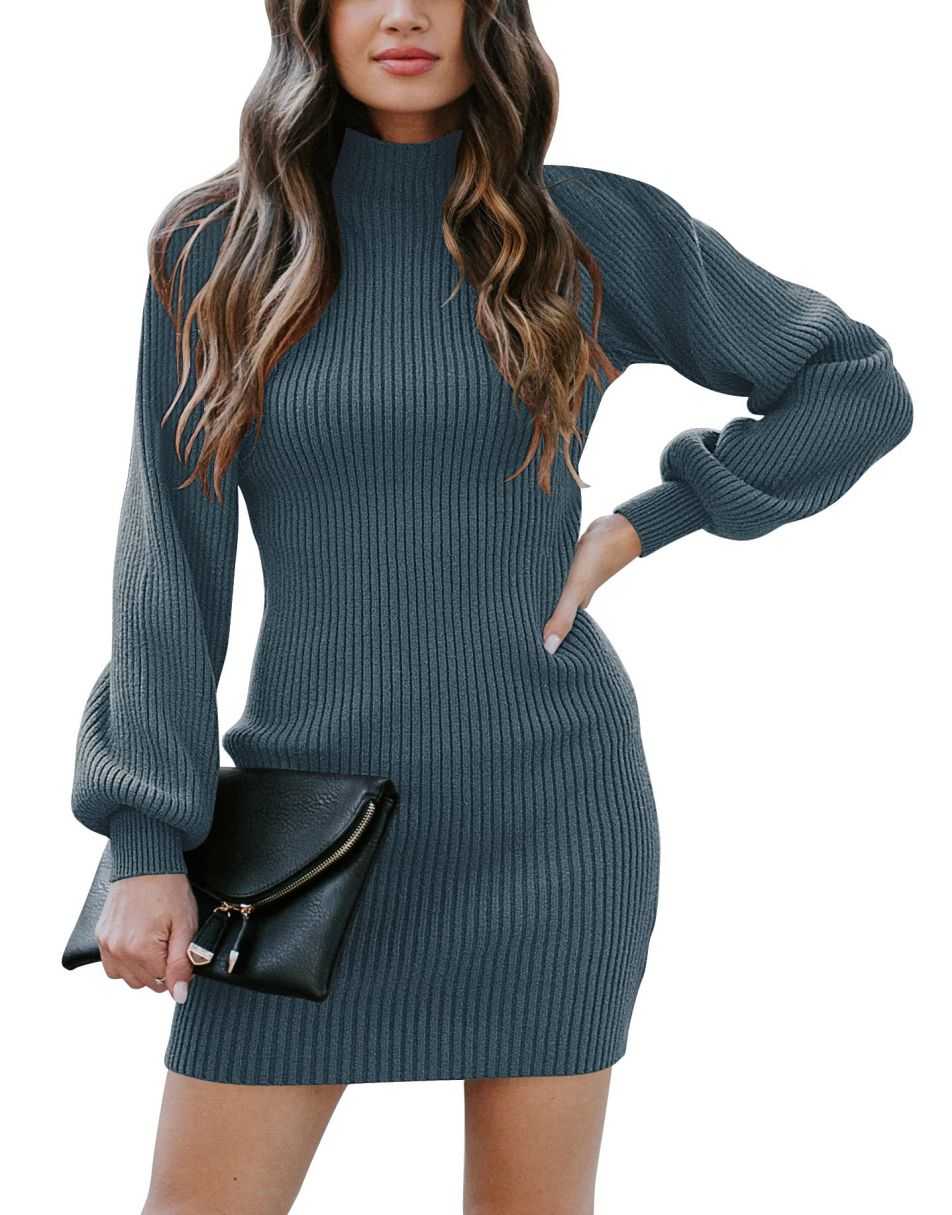 Women Turtleneck Long Sleeve Knit Stretchable Elasticity Slim Sweater Bodycon Mini Sweater Dress
