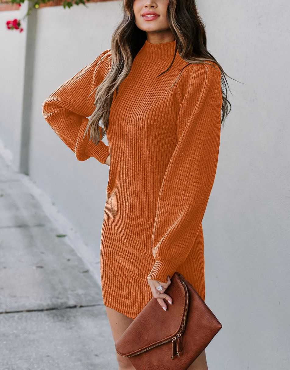 Women Turtleneck Long Sleeve Knit Stretchable Elasticity Slim Sweater Bodycon Mini Sweater Dress
